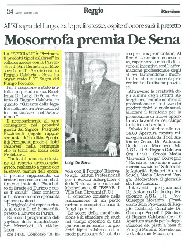 Mosorrofa premia il prefetto De Sena